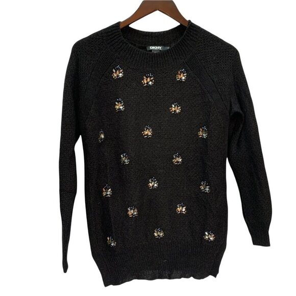 DKNY🖤JEWEL Embellished Black Jewel Neck Sweater Size Small - Picture 2 of 11